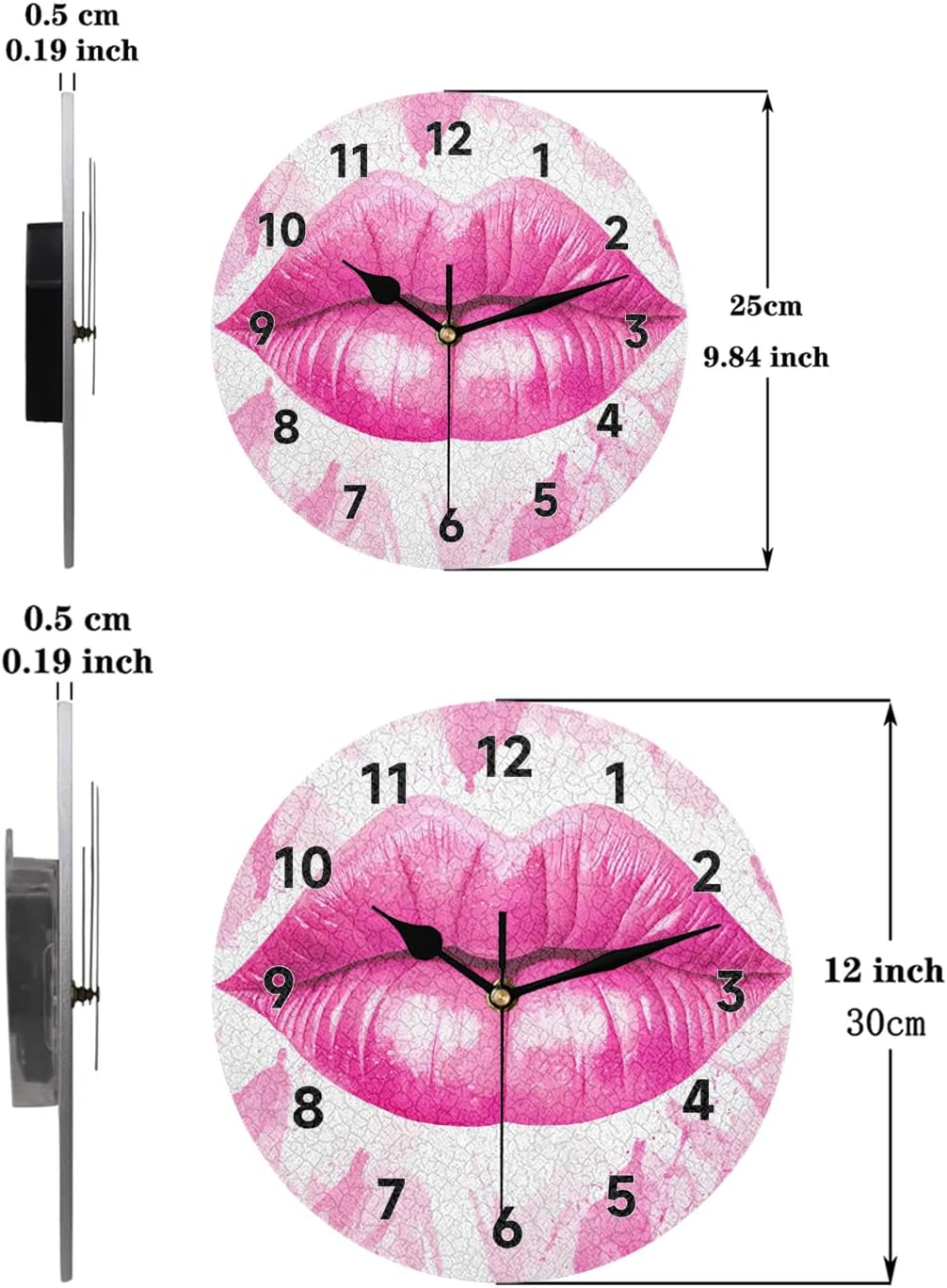 Wall Clock Silent Pink Lips Non Ticking Battery Operated Decorative Clock for Living Room, Bedroom,Kitchen,Farmhouse,Office,Home Decor-12 Inch