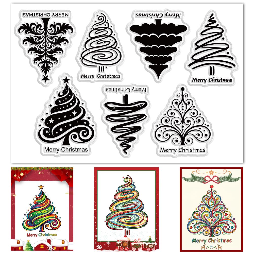 PRESSINART Christmas Tree Clear Stamps for Card Making 6.3 x 4.3 Inch Transparent Silicone Stamps Merry Christmas Rubber Template Seals for DIY Scrapbooking Photo Album Crafting Journal Paper Decor