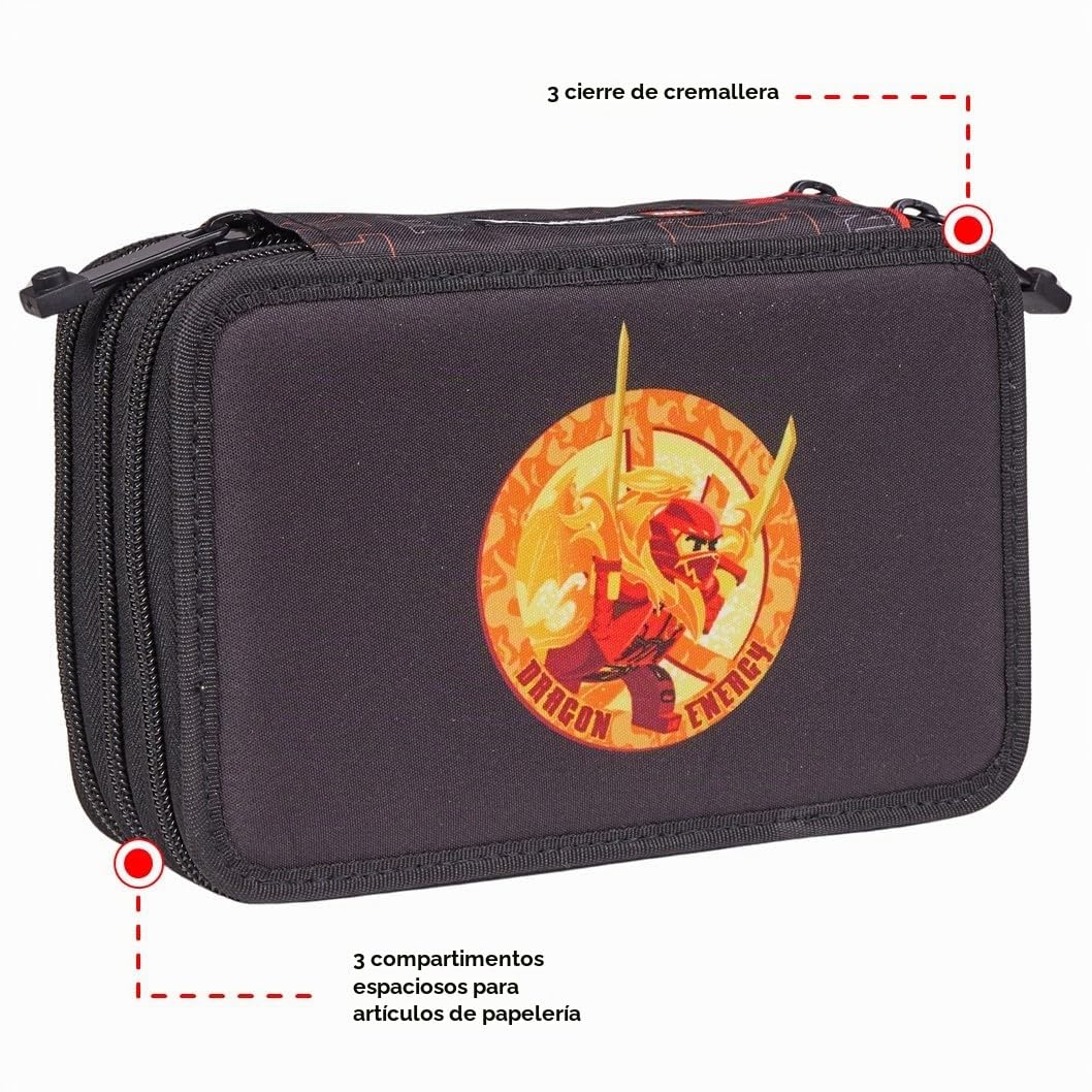 SKANDO BAGS Estuche Lego Ninjago - Organización elegante para utensilios de escritura con 3 compartimentos, cremalleras seguras y detalles únicos de Lego 1x1, Dragon Energy