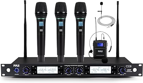 Pyle Sistema de micrófono inalámbrico de 4 canales, micrófonos de mano, Lavalier y auriculares de grado profesional con transmisor de cinturón y
