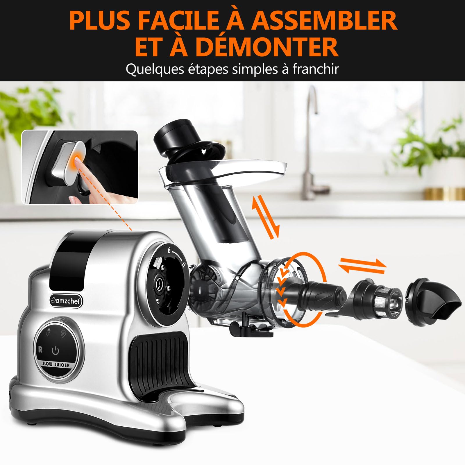 AMZCHEF Extracteur de jus à goulotte large 80 mm 150W mastication lente 2 modes vitesse Reverse Argent