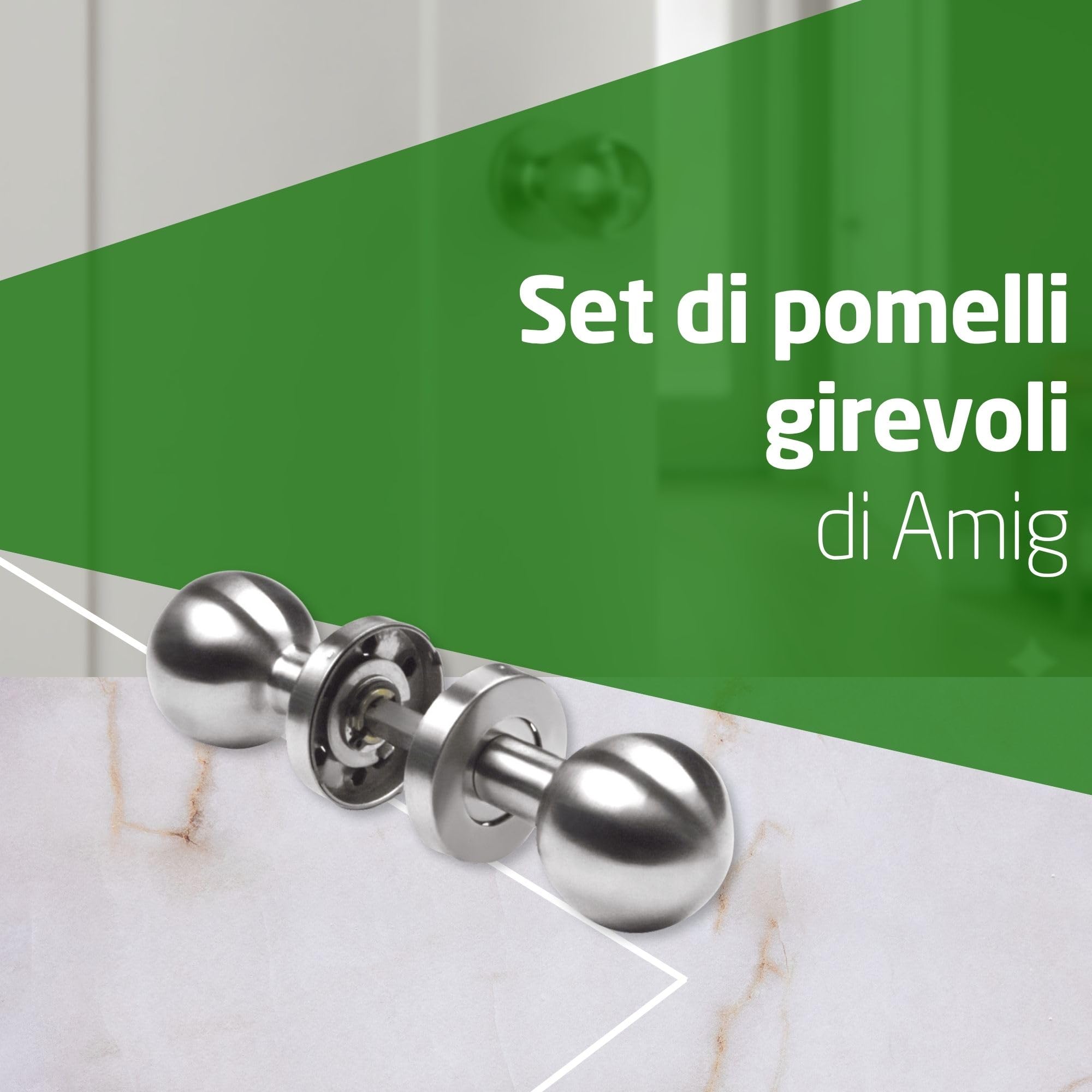 Set Di Pomelli Girevoli Rotondi AMIG Mod. 11GP Per Porte Interne – ø62x77 Mm, Acciaio Inox 18/8 Opaco, Raccordo A Piastra Rettangolare