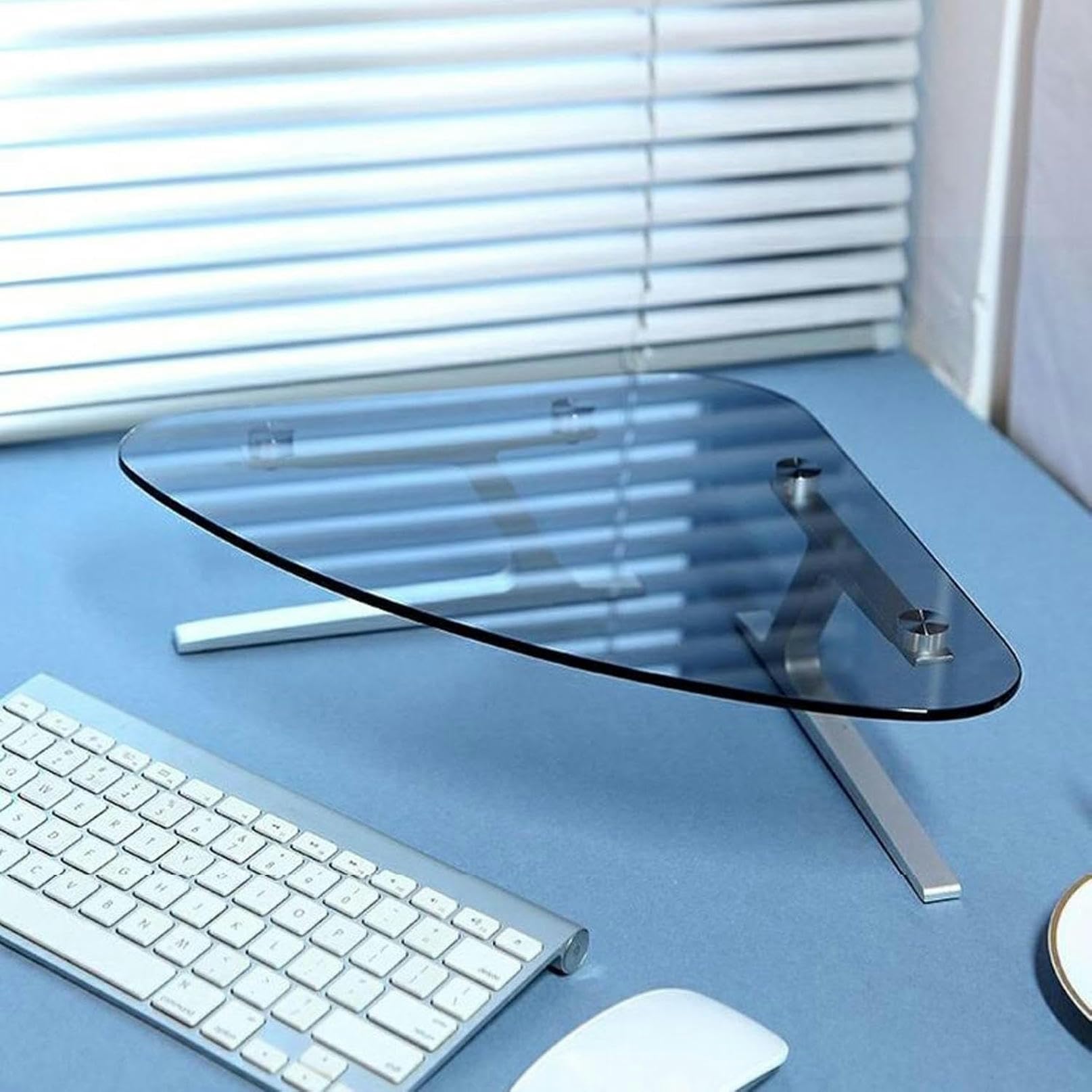 bnjlSDATwr monitor riser， Clear Triangle Monitor Stand, Tempered Glass Desktop Corner Screen Riser 4" High, Ergonomic Computer Desk Organizer Shelf with Aluminum Leg
