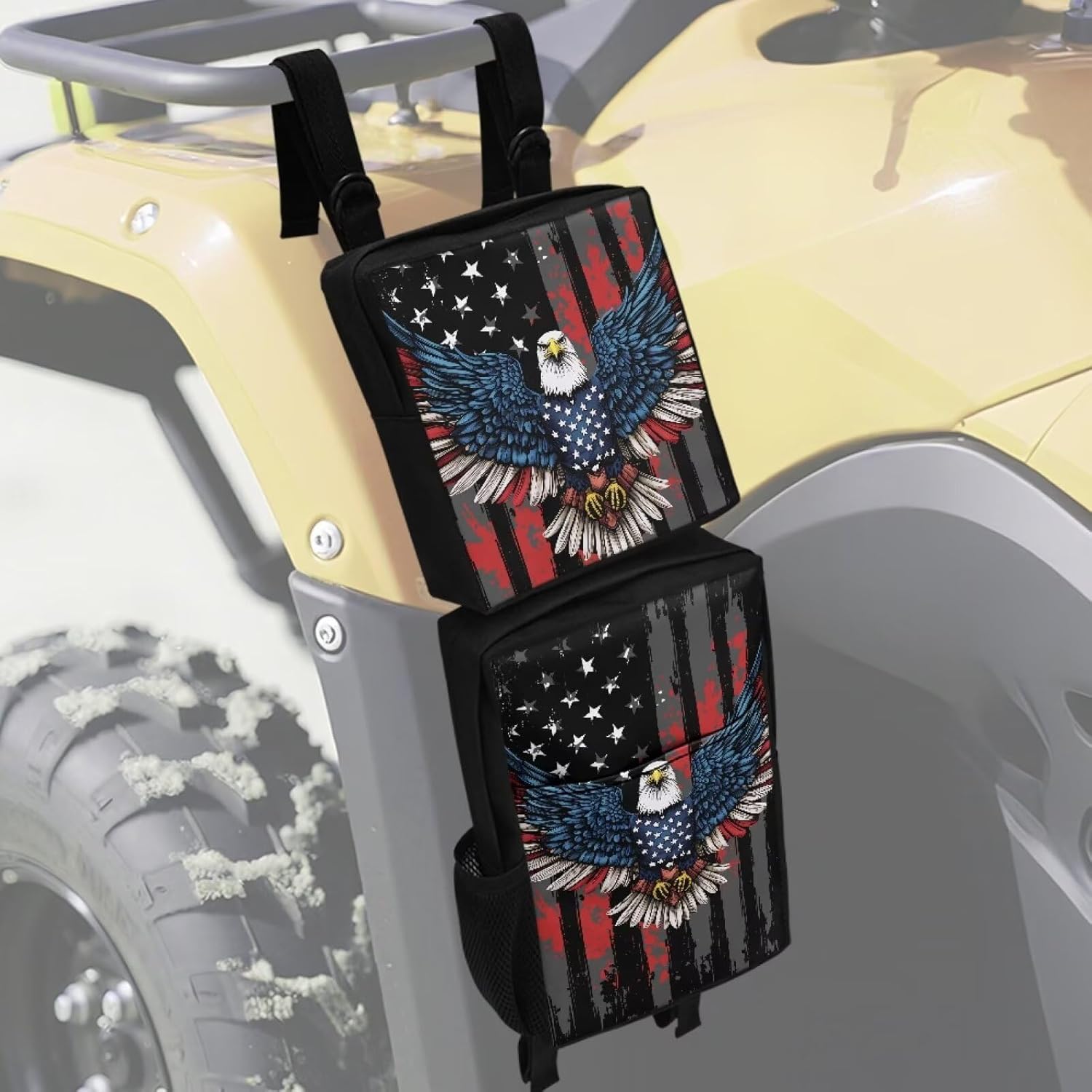 SEANATIVE ATV Fender Bags Eagle American Flag Print Powersports Storage Bag Saddle Bag with Mesh Water Holder Compatible with Most Snowmobiles UTV Beach Bike Gear Bags for ATV
