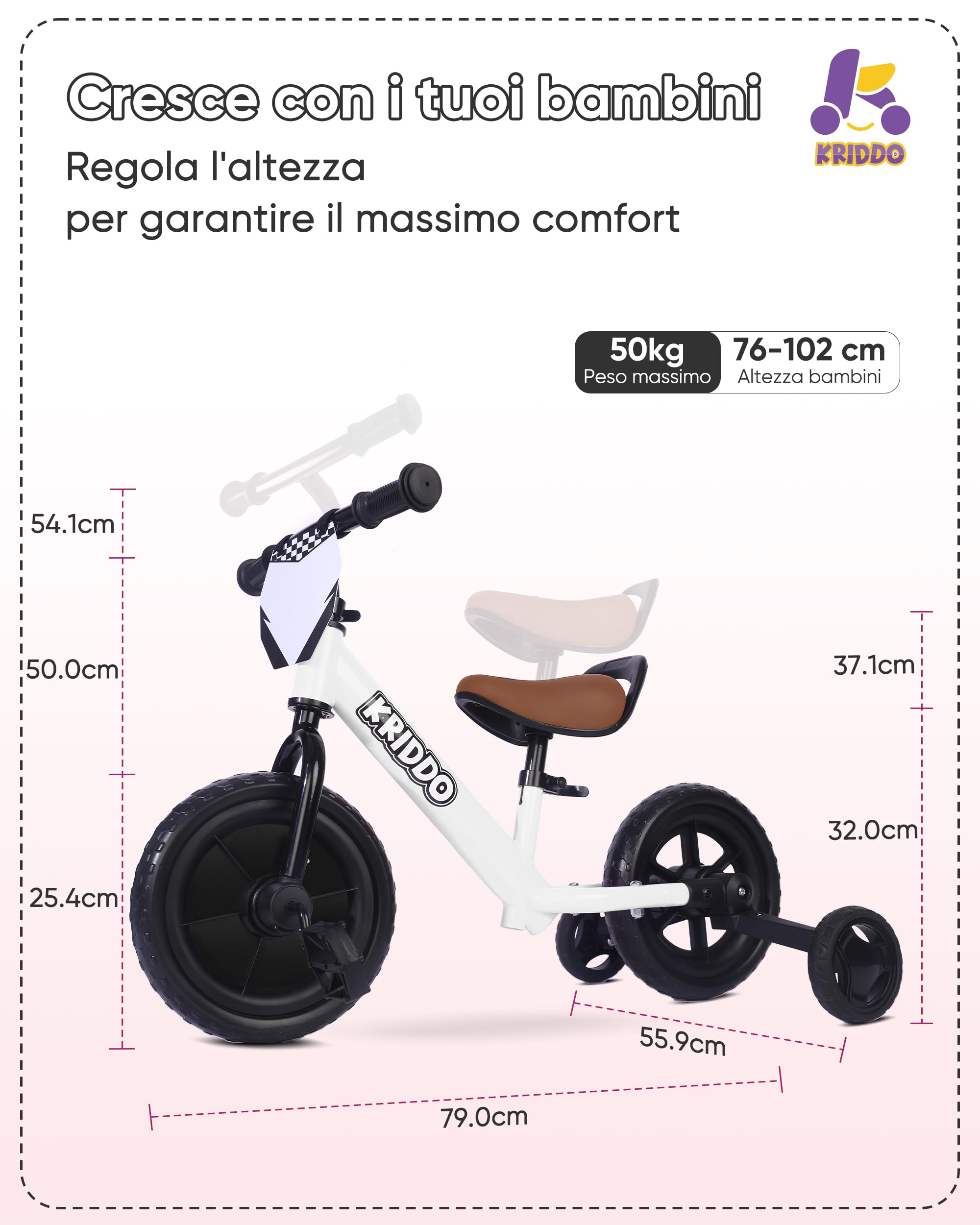 KRIDDO Triciclo per bambini 2 in 1 e bici senza pedali per bambini di 2 anni, pedali staccabili e rotelle ripiegabili, piastra fai da te, giocattolo da cavalcare dai 18 mesi ai 3 anni