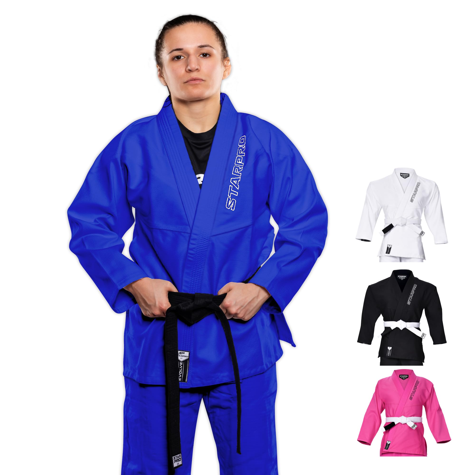 Starpro Evolve BJJ GI - Premium Cotton Blend - White Blue Black - Preshrunk Gi for Men Women for Martial Arts Training and Fight - A0 A1 A2 A3 A4 A5