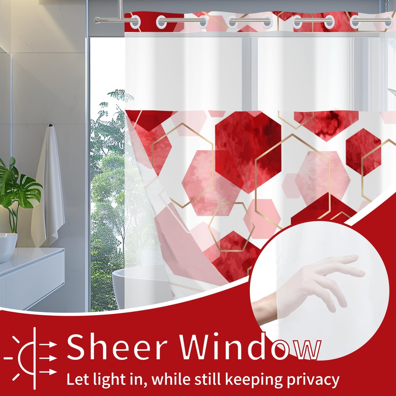 deFouliao Red Shower Curtain with Snap in Liner No Hook Geometric Grid Modern Bathroom Curtain with See Through Mesh Top Window, Fabric Waterproof Inner Liner, 71x86 Inches