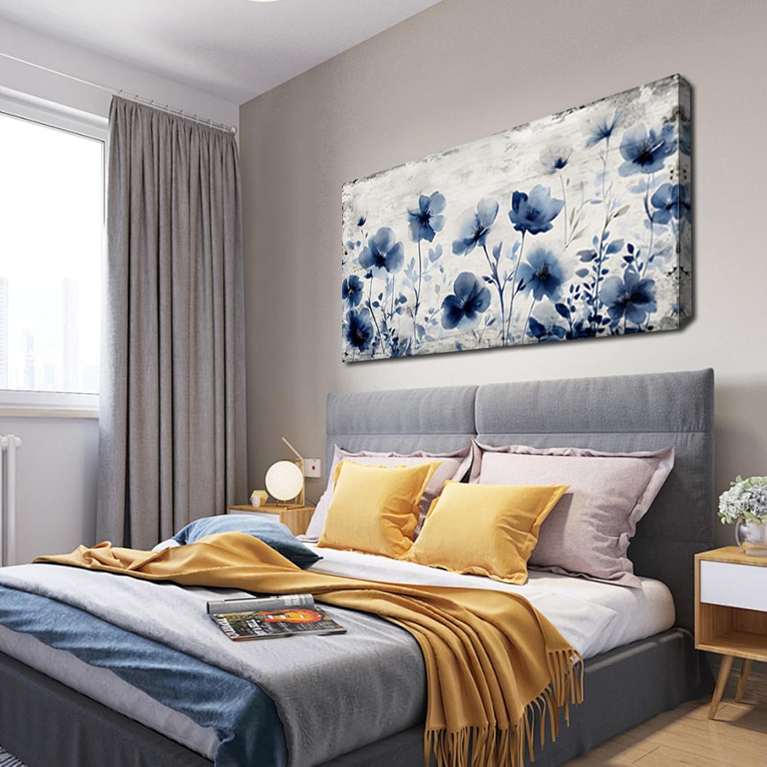 JLXART Flower Poster Canvas Wall Art Modern Blue Floral with White Background Print for Living Room Office Home Decor,20X40inch