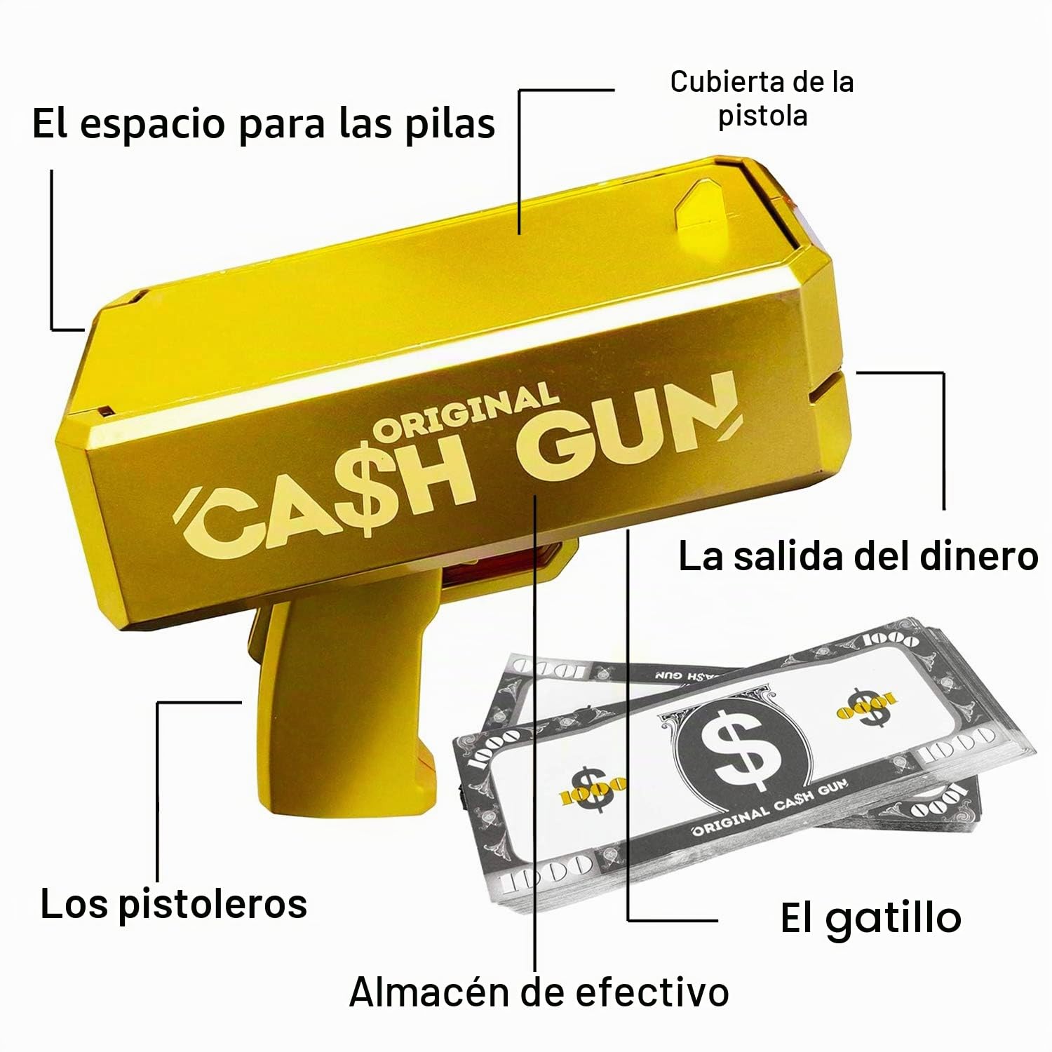 Original CashGun® | Money Gun | Oro | Pistola de Lanzamiento de Dinero | Haz Que llueva | Party Gun | 100 facturas Falsas Incluidas | Accesorio | Juego | Fiesta | Original Corner