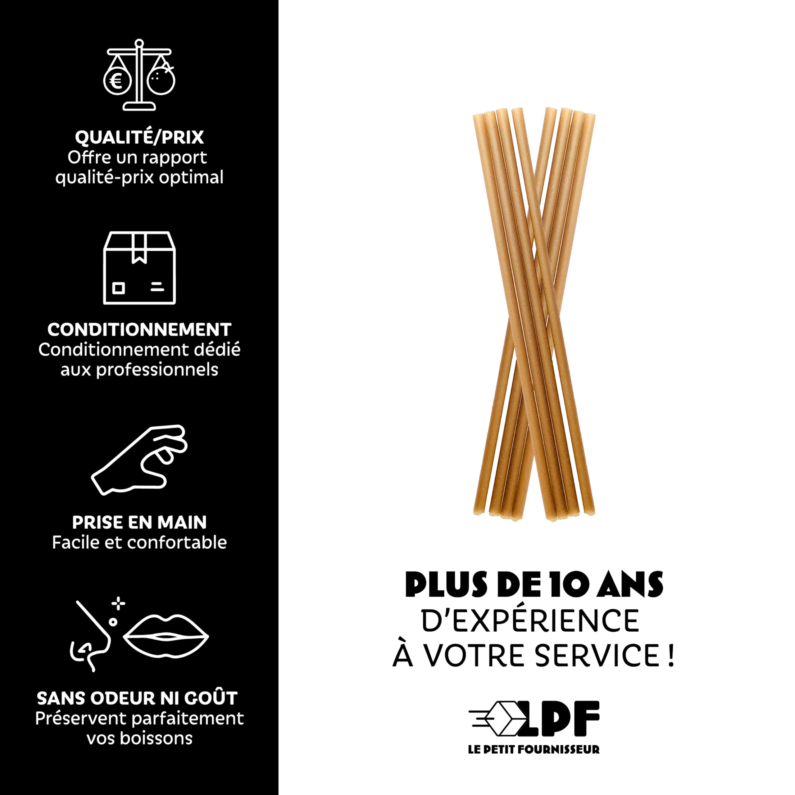 LPF LE PETIT FOURNISSEUR – Pailles Canne à Sucre 21cm – Réutilisables & Compostables – Sans Goût ni Odeur – Ne ramollie pas résistance 24h Boissons Froides – Sans Plastique – Lot 500 – Made in France