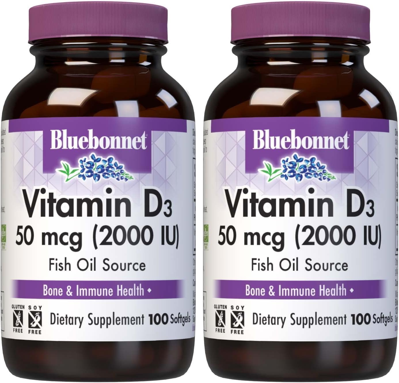 BlueBonnet Vitamin D3 2000 IU Vegetable Capsules, 100 Count (Pack of 2)