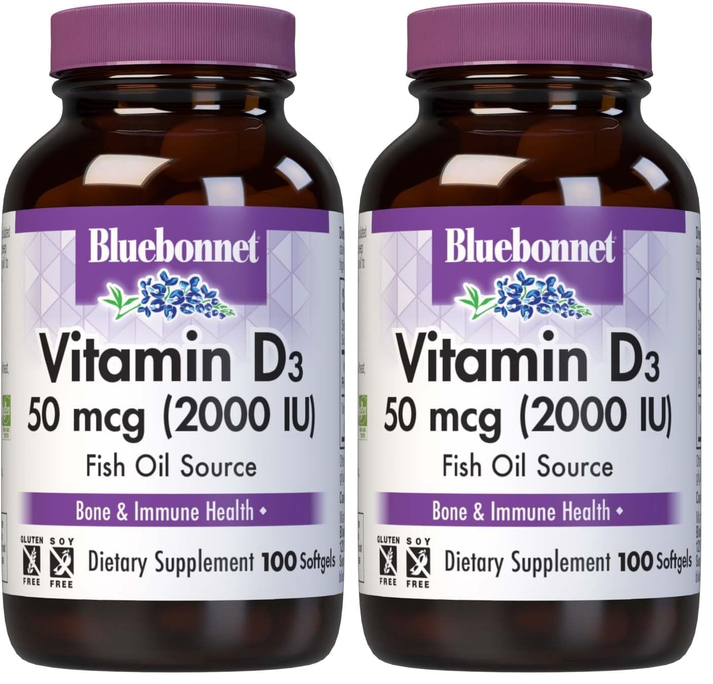 BlueBonnet Nutrition Vitamin D3 2000 IU, 100 Vegetable Capsules 100 Count (Pack of 2)