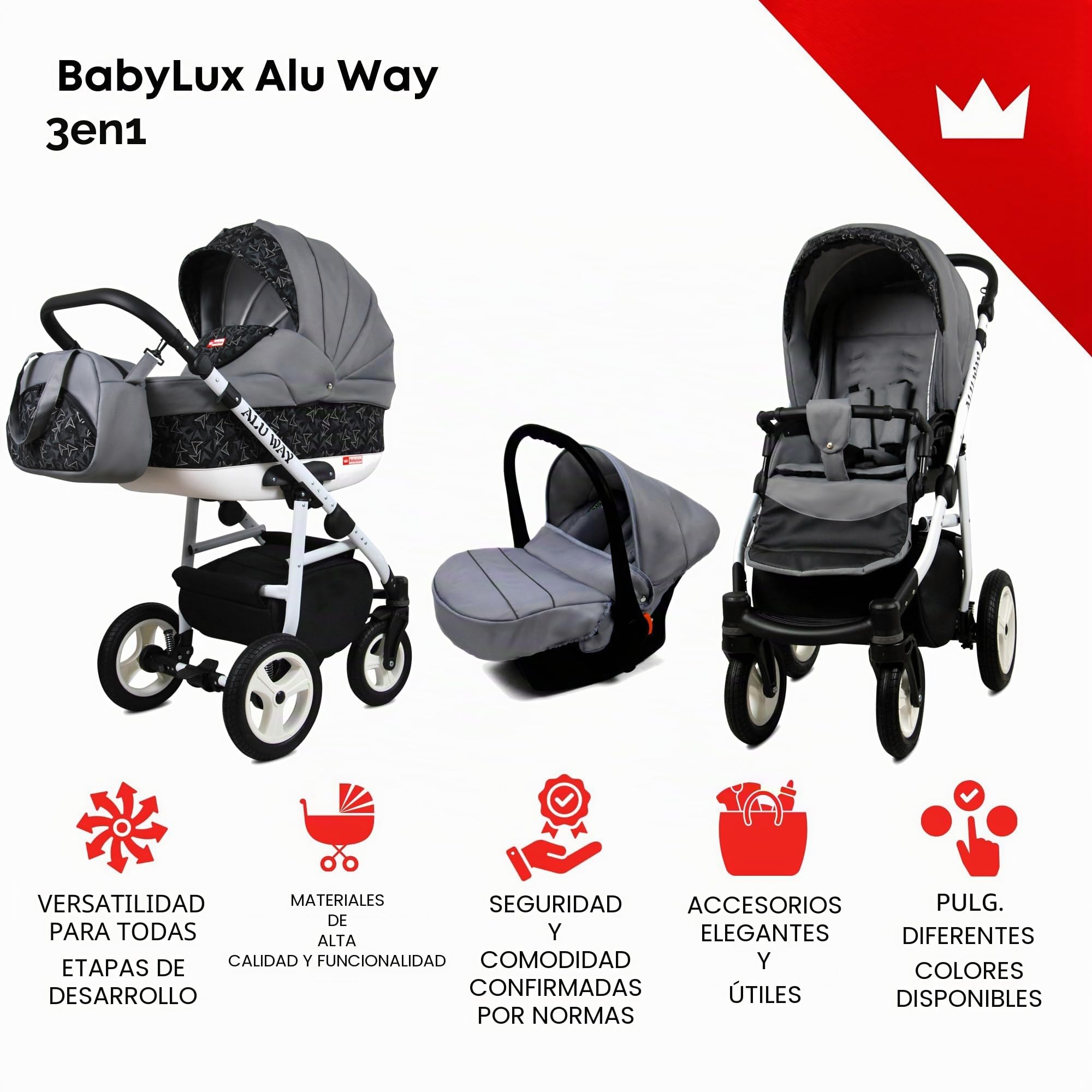 BabyLux® Carrito de Bebé Sistema de Viaje Set 3 en 1 - Alu Way - incl. Capazo, Silla de Paseo, Silla Coche - Cochecito - con Bolso cambiador, Cubierta para la lluvia, Mosquitera etc.