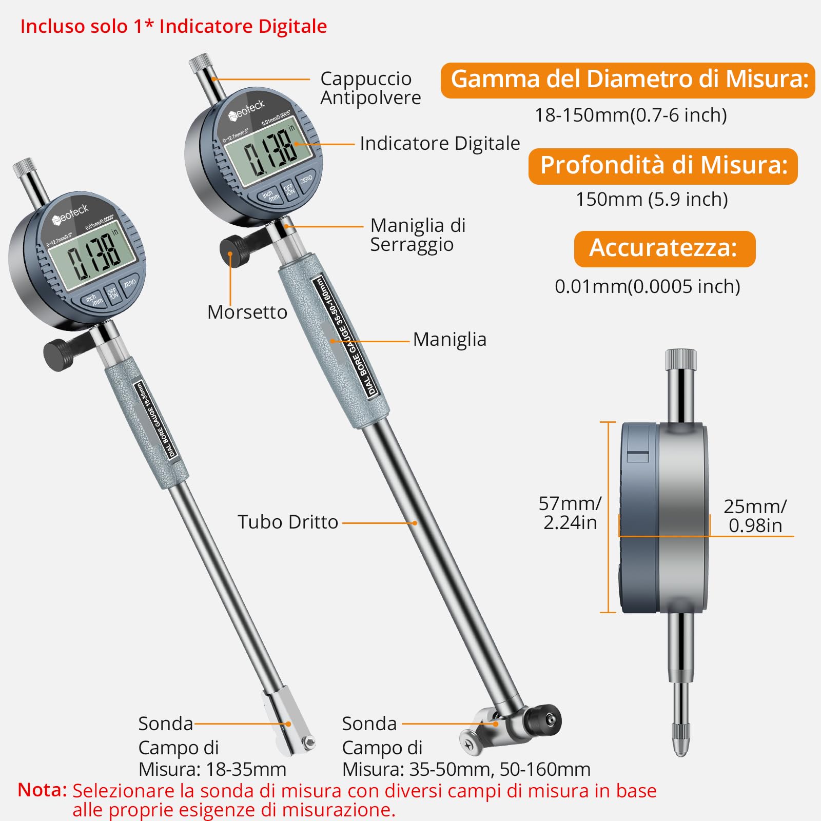 Neoteck Set di Comparatori per Alesaggio 18-160mm con Indicatore Digitale 0~12,7mm/0,5" e Custodia ABS