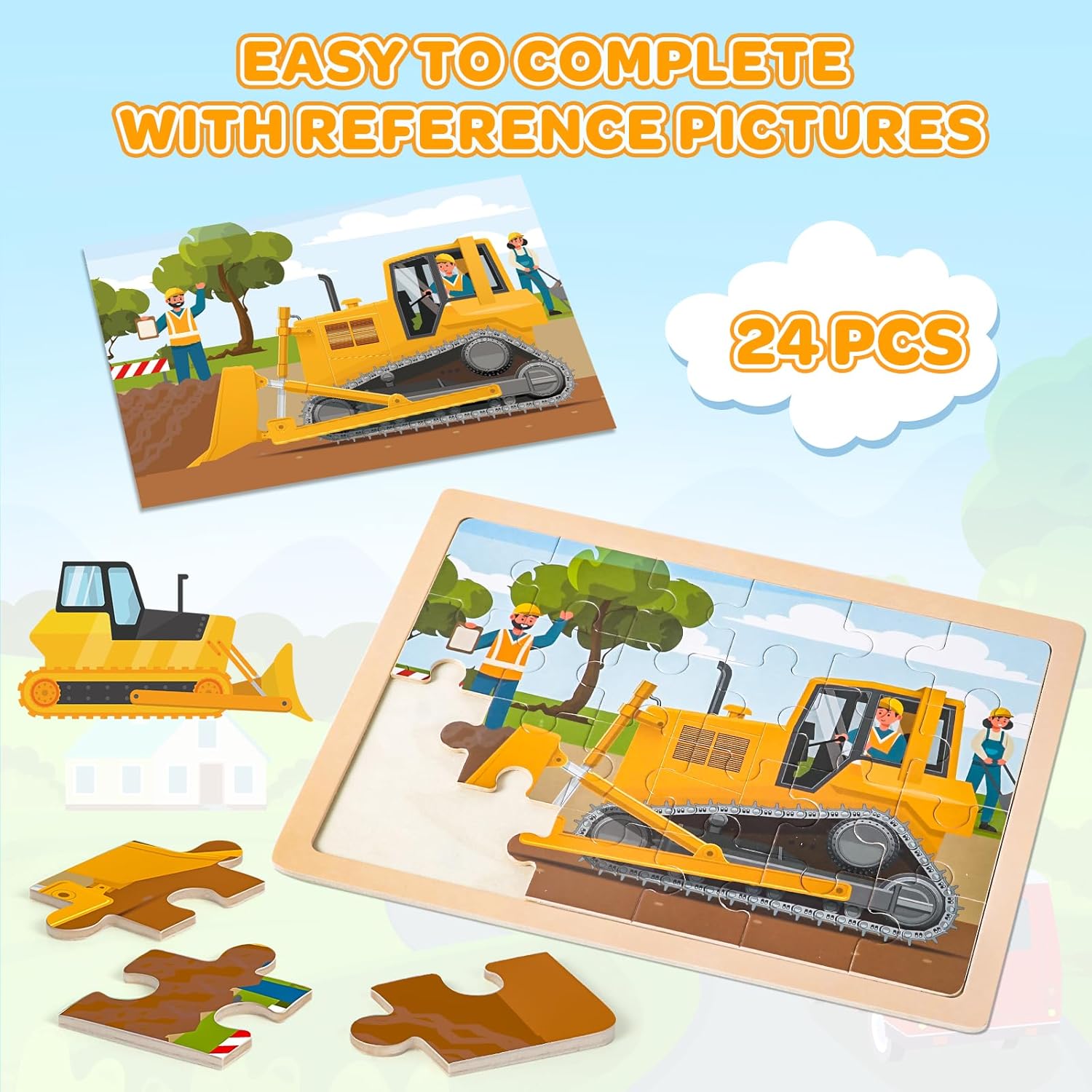 Wooden Puzzles for Kids Age 3 4 5 Year Old, 4 Pack 24 Pcs Toddler Jigsaw Puzzles for Girl Boy Vehicle Activities Preschool Learning Educational Birthday Gift Travel Autistic Wooden Toys