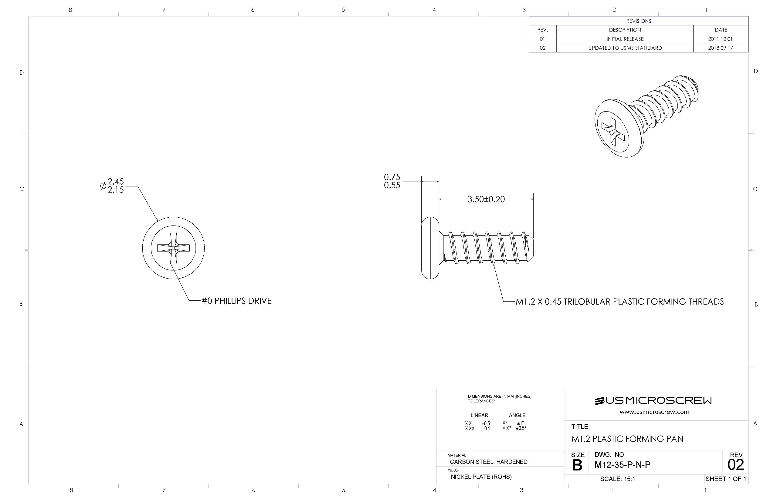 M1.2 X 3.5mm Plastic Thread Forming Screw Nickel Plated Steel Pan Head Phillips Drive (100 Pcs) - M12-35-P-N-P