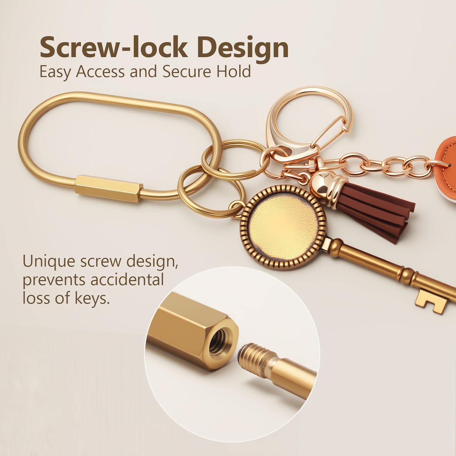 8 Pcs Gold Carabiner Keychain,Brass Locking Carabiner Key Rings,Purse Bag Charm Clip,Charm Holder with Security Screw Lock - Image 3