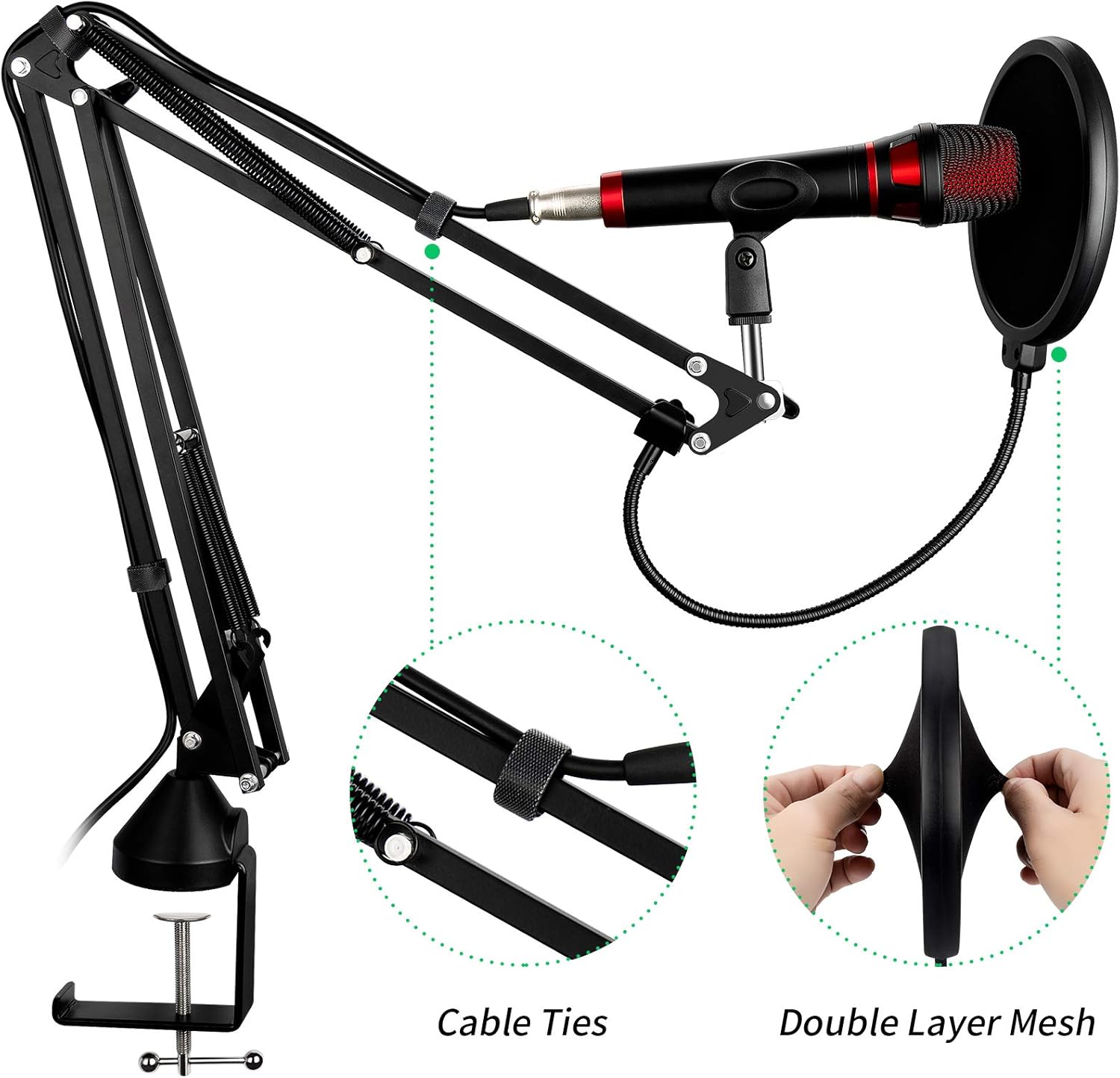 Heavy Duty Microphone Arm Stand, Adjustable Suspension Boom Scissor Mic Stand with Dual Layered Mic Pop Filter, 3/8" to 5/8" Screw Adapter Clip Compatible with Blue Yeti Snowball, Nano and Other Mic : Musical Instruments