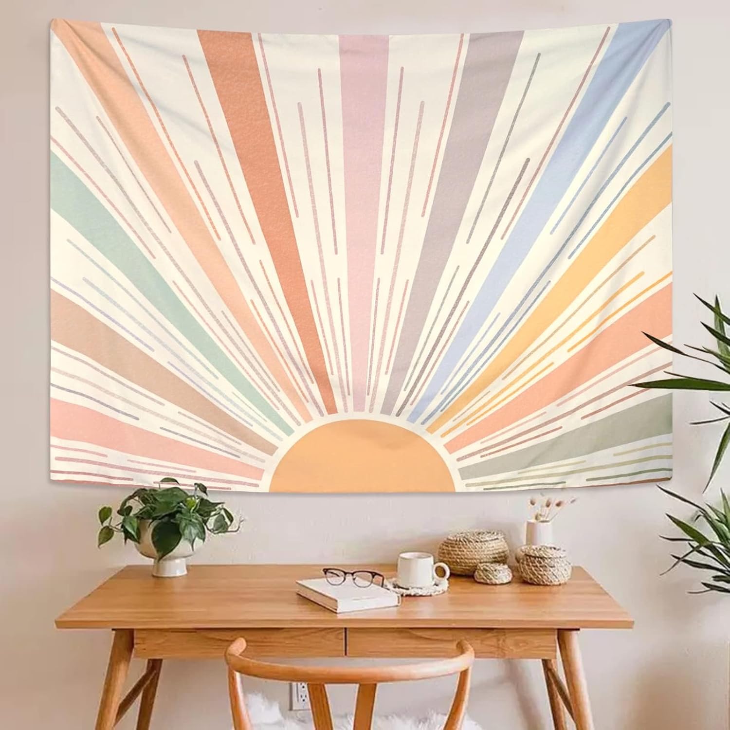 Kanuyee Boho Sun Tapestry Wall Hanging, Retro 70s Abstract Striped Aesthetic Sunrise Vintage Tapestries for Bedroom Living Room 68×90 inch