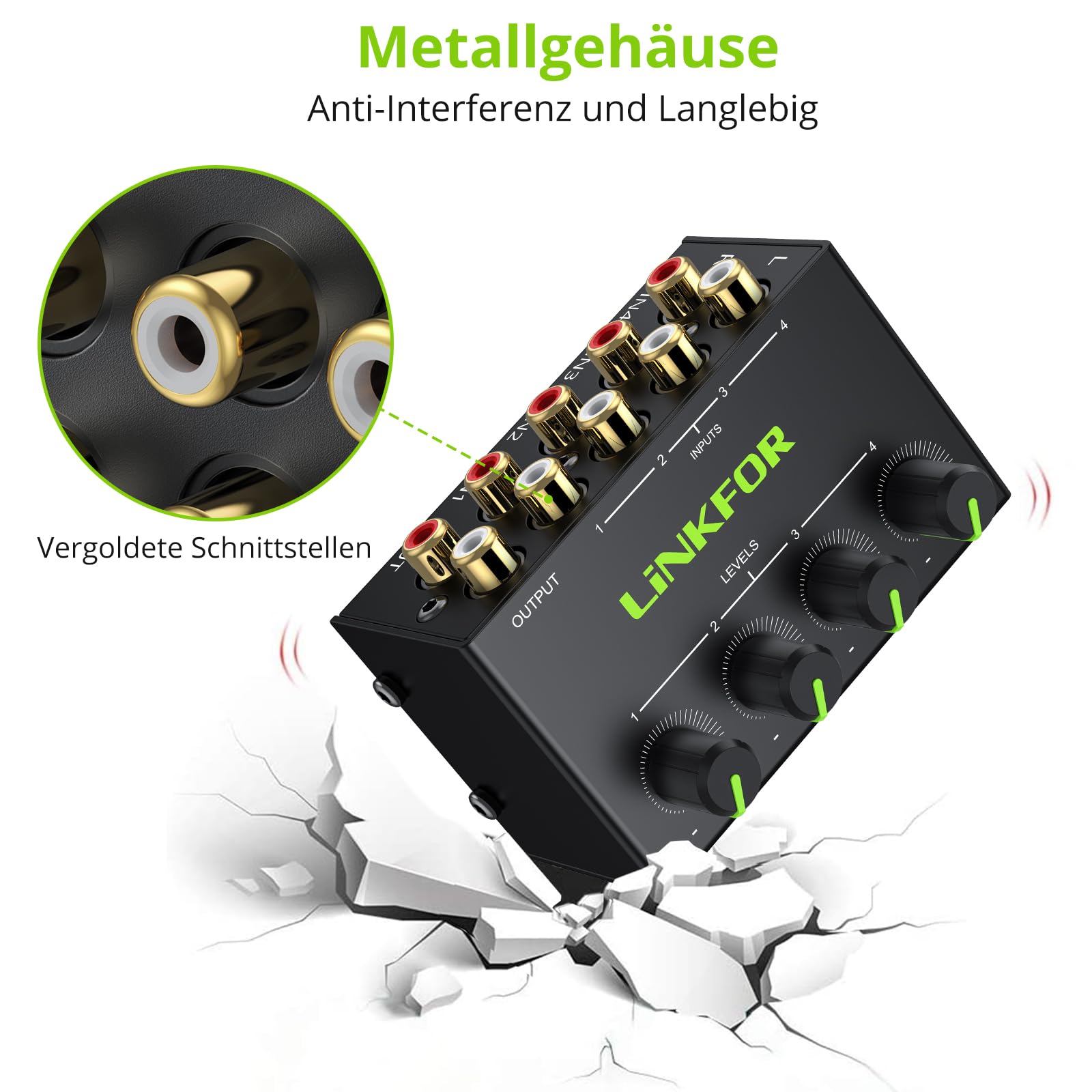 LiNKFOR Audio Mixer Stereo Passiver Mischer 4 Kanal Stereo Audiomischer mit 4 Eingänge und 1 Ausgang Mini-Stereomischer mit separaten Lautstärkereglern für Mischinstrument, CD-Player, Clubs/Bars, PC