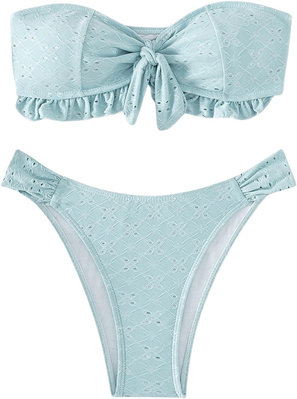 WDIRARA Women's Ruffle Knot Front Bandeau Bikini Set 2 Piece Strapless Swimsuit