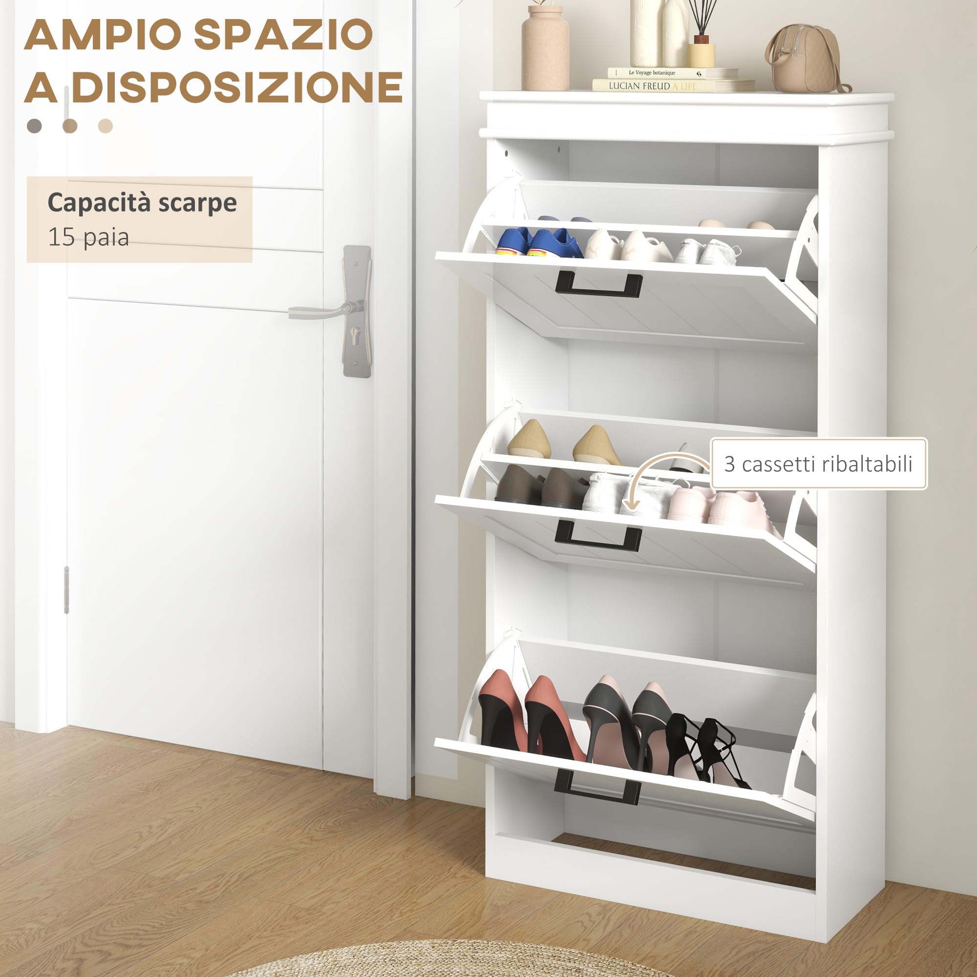 HOMCOM Scarpiera Salvaspazio con 3 Cassetti Ribaltabili per 15 Paia di Scarpe, Mobile Porta Scarpe con Ripiano Regolabile, 54x24x117.5 cm, Bianco