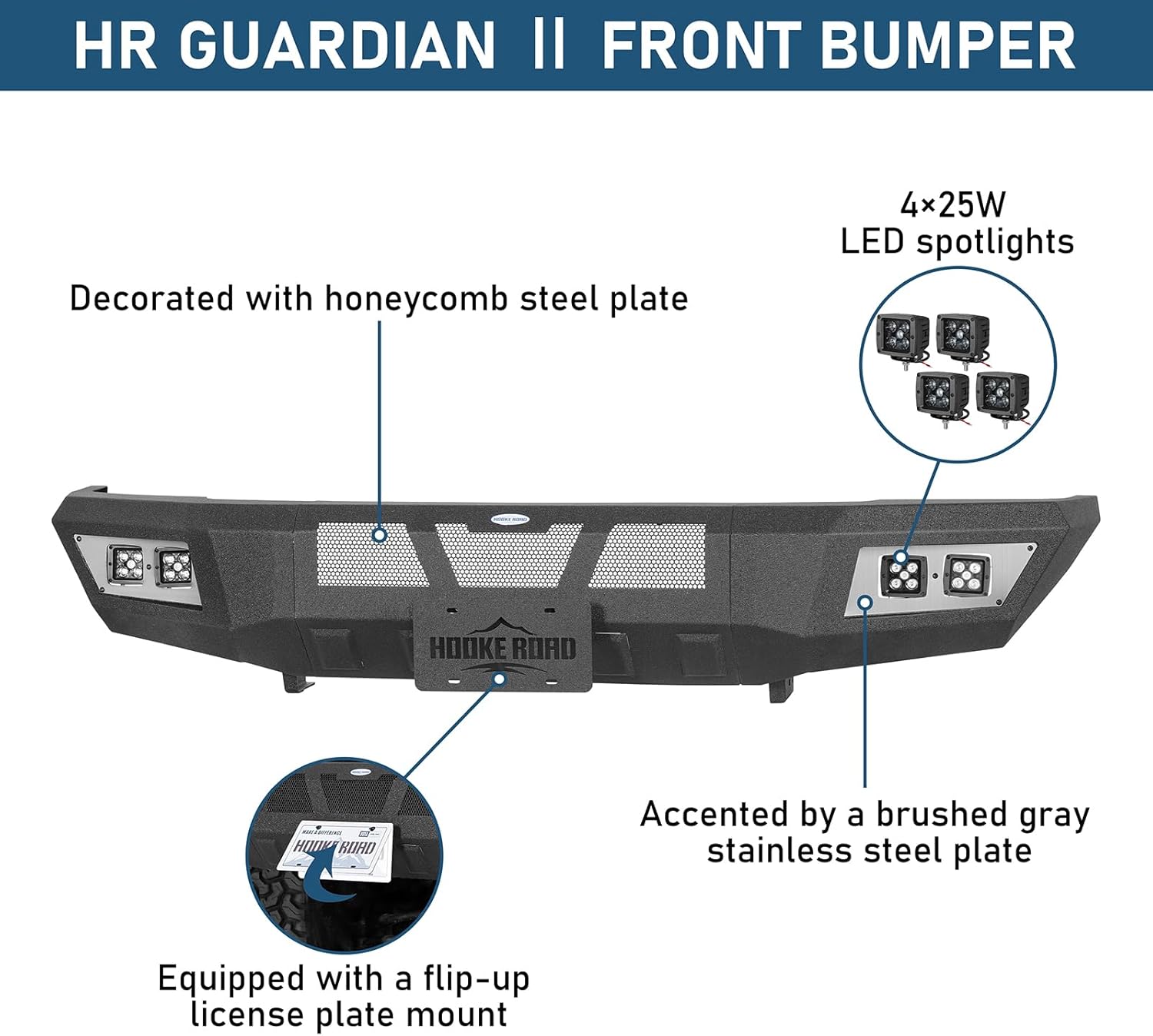 Hooke Road Ram Front Bumper for 1994-2001 Dodge Ram 1500 & 1994-2002 Ram 2500 3500, Heavy Duty Replacement Bumper with 4x 25W LED Lights & License Plate Mount