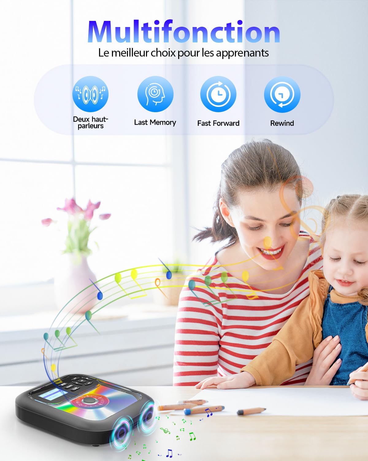 ARAFUNA Lecteur CD Bluetooth - Lecteur CD Portable avec Haut-Parleur, Batterie intégrée pour Une Utilisation en extérieur, Prend en Charge Bluetooth et Carte TF, 7 Modes de Lecture