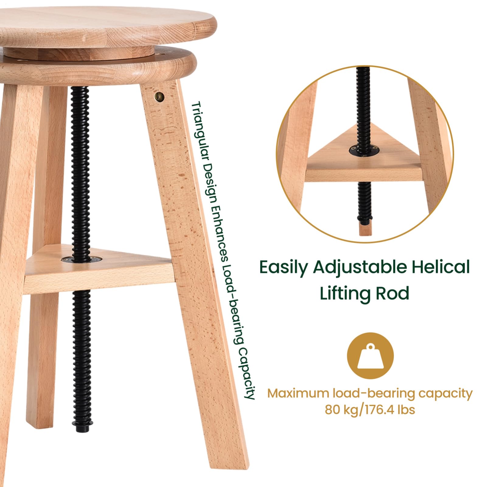 Generisch Sgabello da pittura regolabile in altezza, in legno di faggio, diametro 30 cm, 48-65 cm, sgabello regolabile in altezza, girevole a 360 gradi, sedia in legno, per bar, cucina, uso domestico