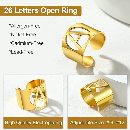 Miniatura 3 de KeyStyle Bold Initial Letter Rings Adjustable, GoldChic Jewelry Women Gold Statement Ring Personalized Engraved Womens Open Signet Ring for Party