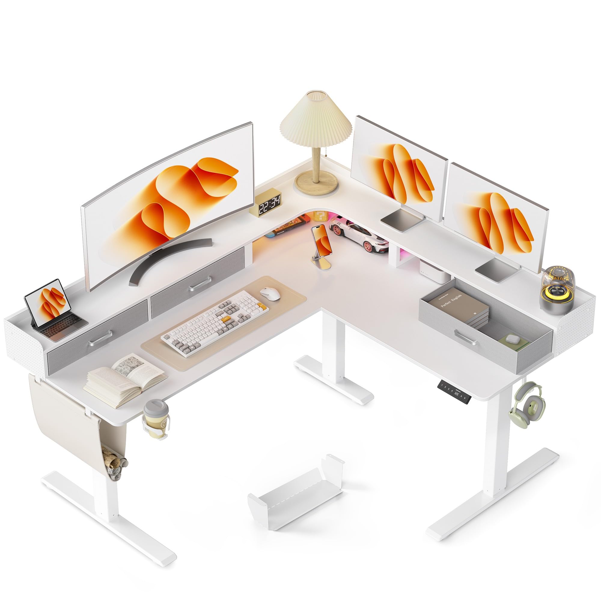 WALKINGDESK Scrivania elettrica regolabile in altezza, a forma di L, 160 x 140 cm, scrivania angolare regolabile in altezza con 3 cassetti, scrivania per computer, per ufficio, ufficio, gamer, bianco