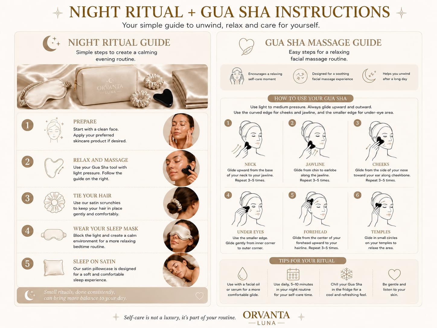 Luna Luxury Self Care Gift Set for Women – Satin Sleep Mask, Satin Pillowcase, Gua Sha, Satin Scrunchies & Travel Pouch (Champagne)
