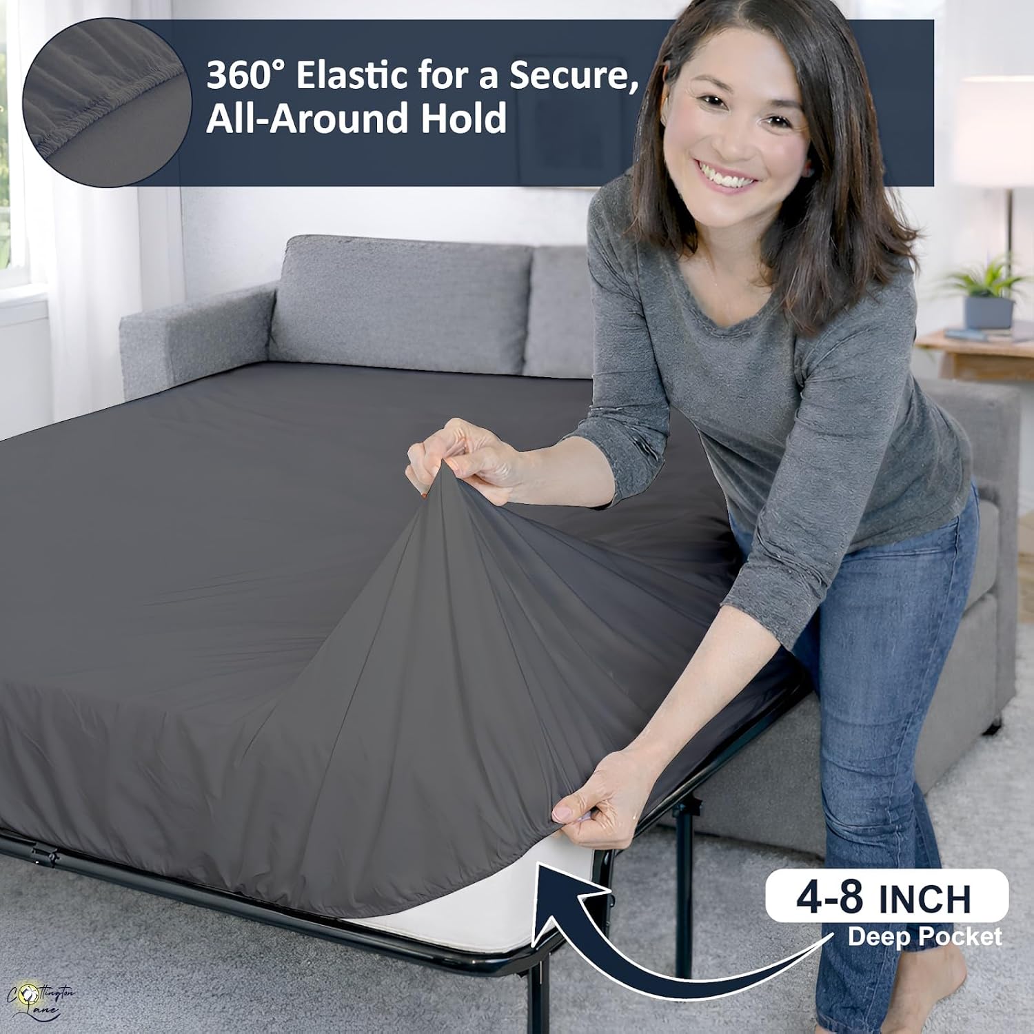 Cottington Lane 1 Piece Sleeper Sofa Fitted Sheet Queen Size, Premium Quality 100% Egyptian Cotton, 6 Inch Deep Sofa Bed/Pullout Couch Bottom Sheet Only, Cooling, Soft & Breathable, Dark Grey