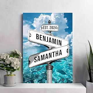 Personalized Canvas Poster Street Sign Beach And Sky For Couples, Crossroads Street Sign Custom Name And Date Vintage Street Sign Canvas Poster, Valentine Day Street Signs Poster Or Canvas