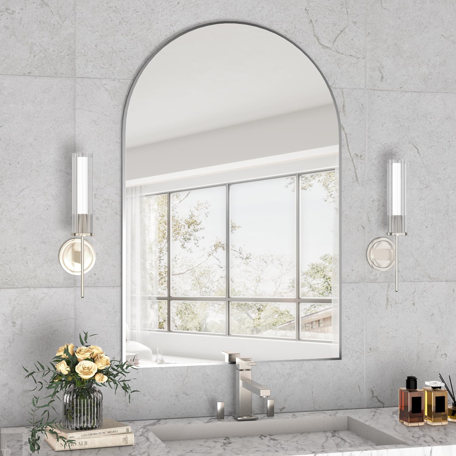 Wall Mounted Mirror, Arched Wall Mirror for Bathroom, 24"x36" Arch Bathroom Mirror with Metal Frame, Silver Vanity Mirror Decor for Mantle, Bedroom, Entryway, Living Room
