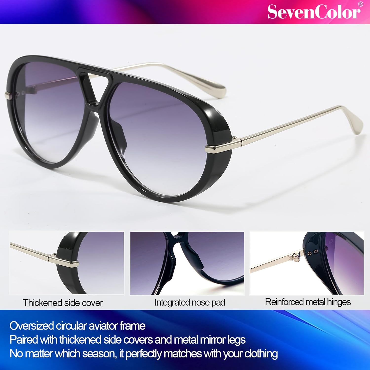 Trendy Oversized Aviator Sunglasses for Women Men Retro Big Round Shield Sun Glasses Vintage Shades - Image 5