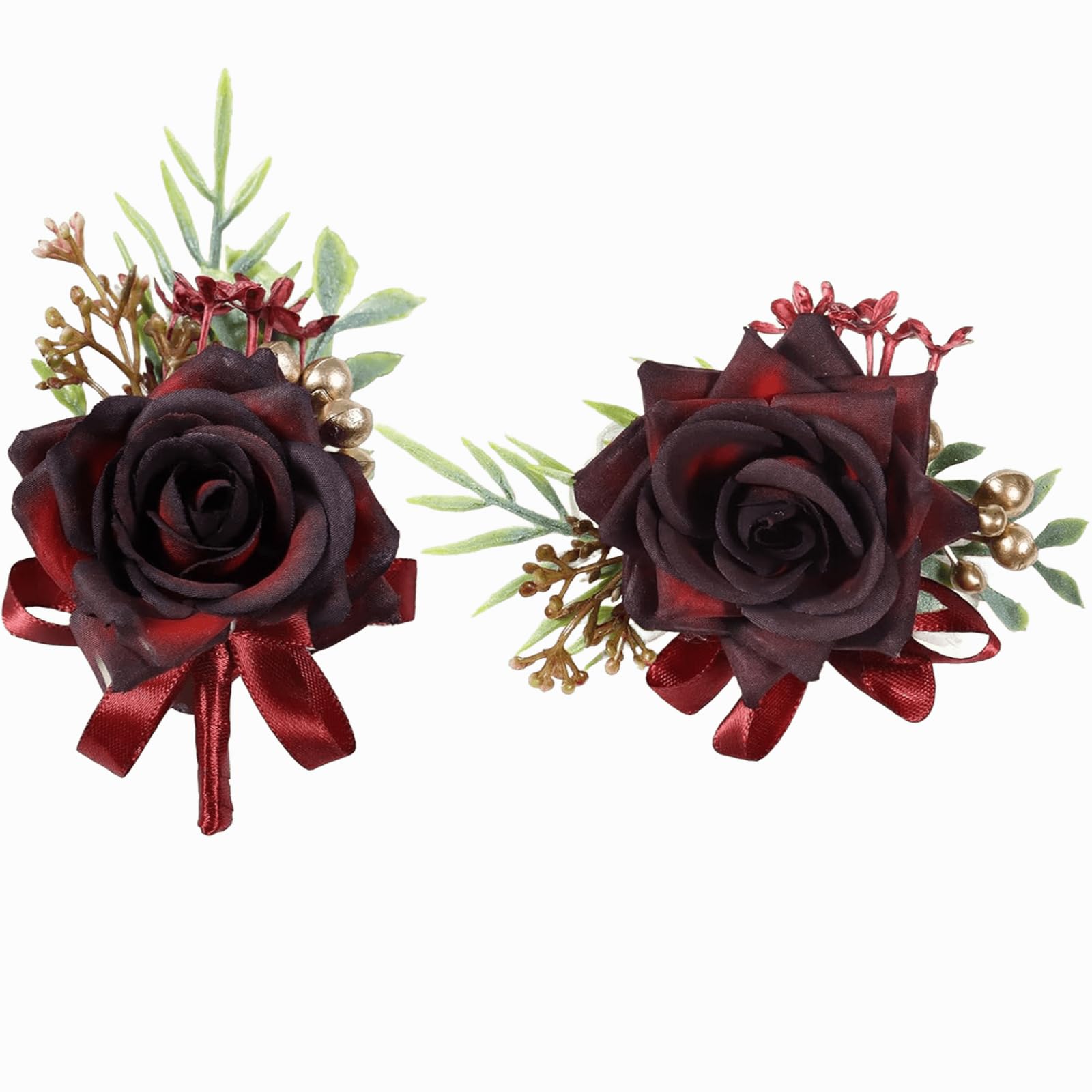 Iuoutg Men's Red 2Pcs Wrist Corsage And Boutonniere Set, Corsage Wristlet For Prom Decor, Homecoming Roses Wristlet For Wedding Party Suit