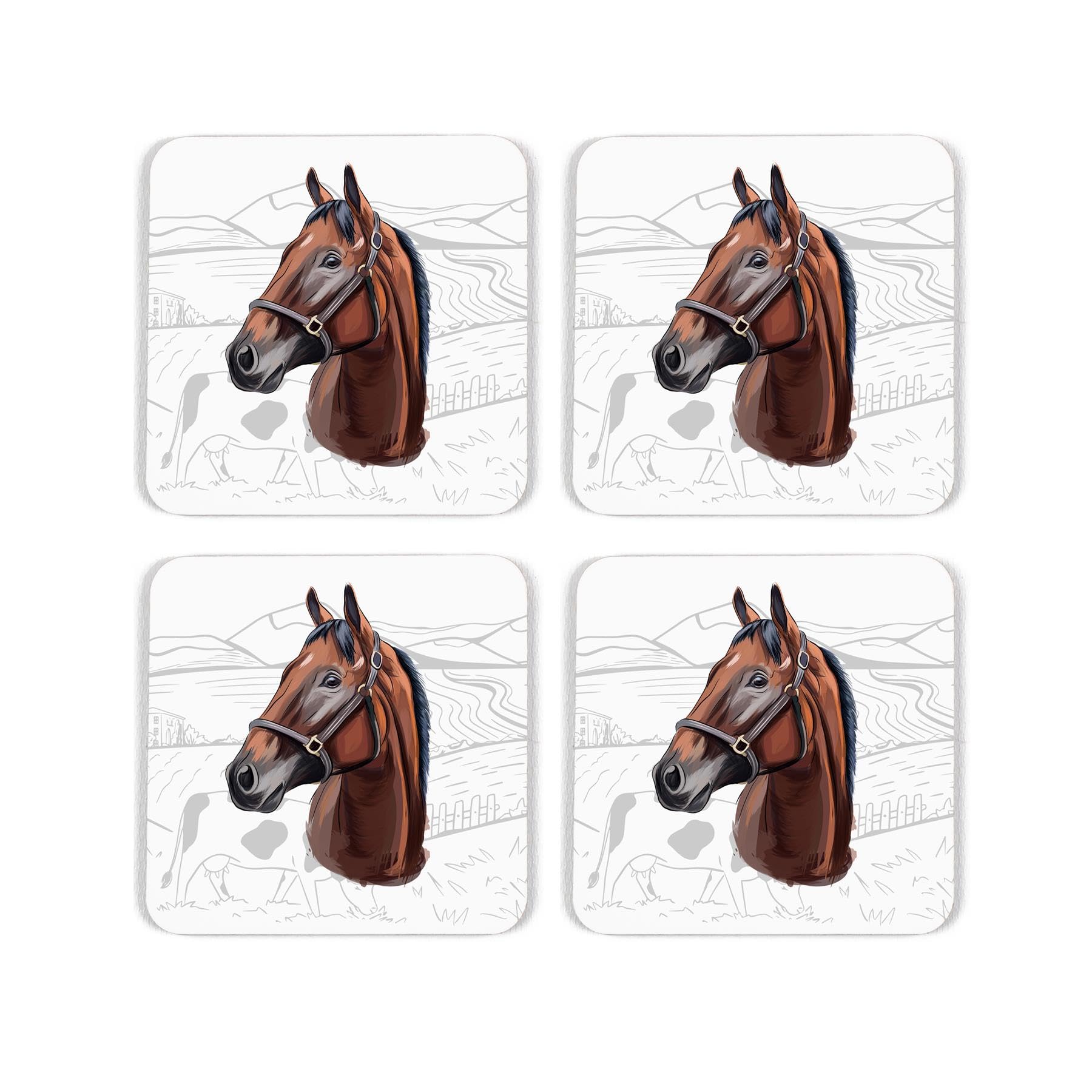 Horse Cork Coaster Set - Countryside Farm Gifts for Animal Lovers - Set of Four (4) Square Drinks Coasters