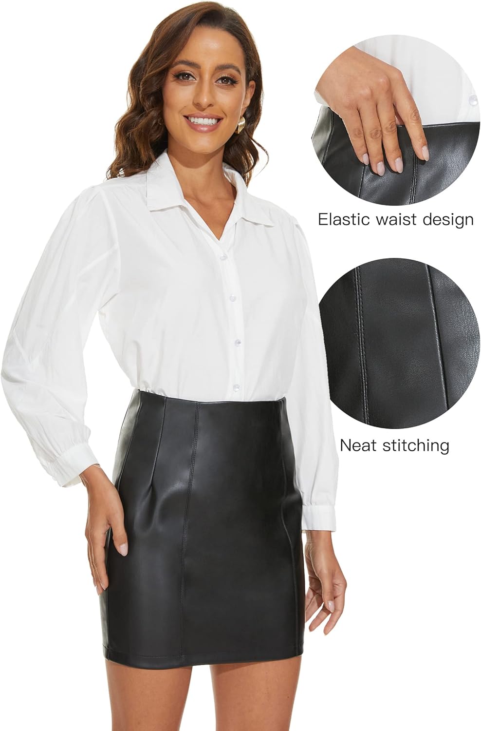 Fahsyee Women's Faux Leather Skirt, Hip High Waisted Stretchy Zipper Mini A-Line Pencil Short Plus Size S-XXL - Image 5