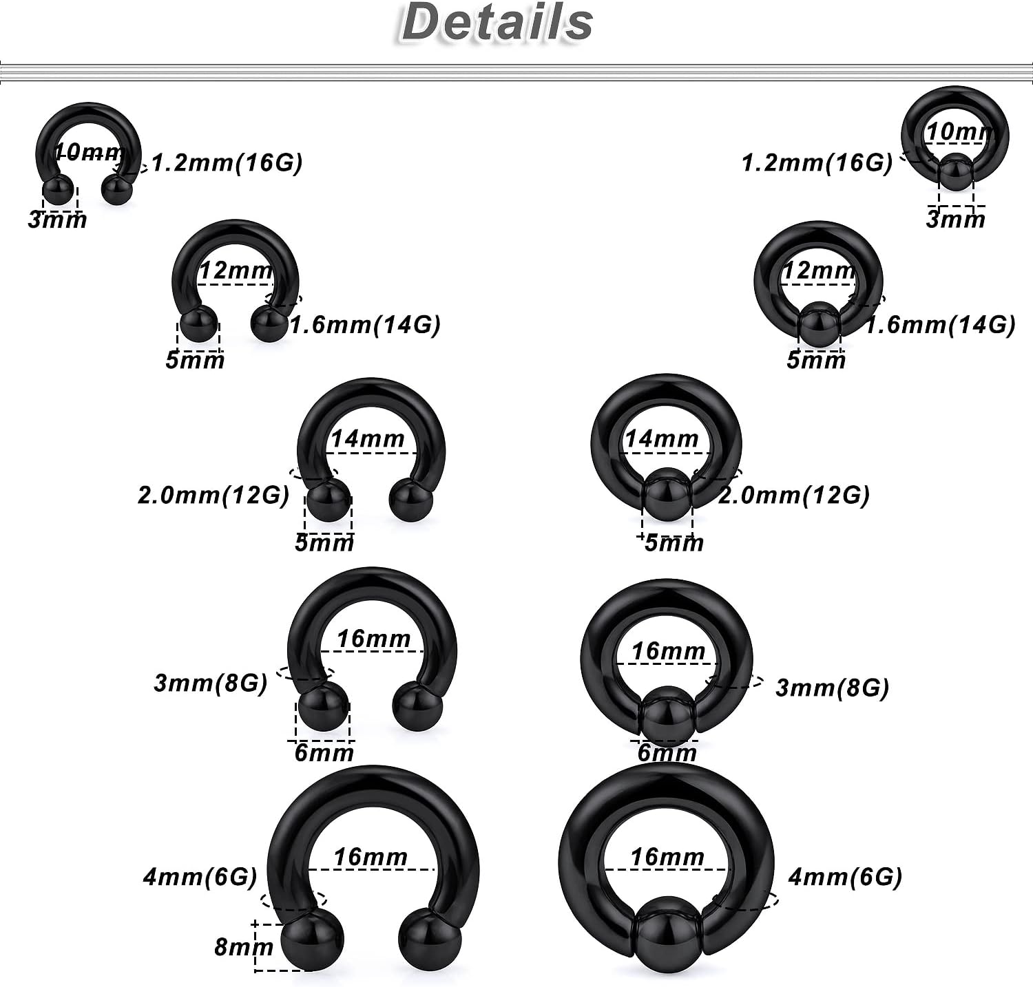 Ocptiy 6G 8G 12G 14G 16G PA Ring Horseshoe CBR Circular Barbell 316L Surgical Steel Internally Threaded Pierced Body Jewelry for Women Inner Diameter:10mm 12mm 14mm 16mm - Image 3