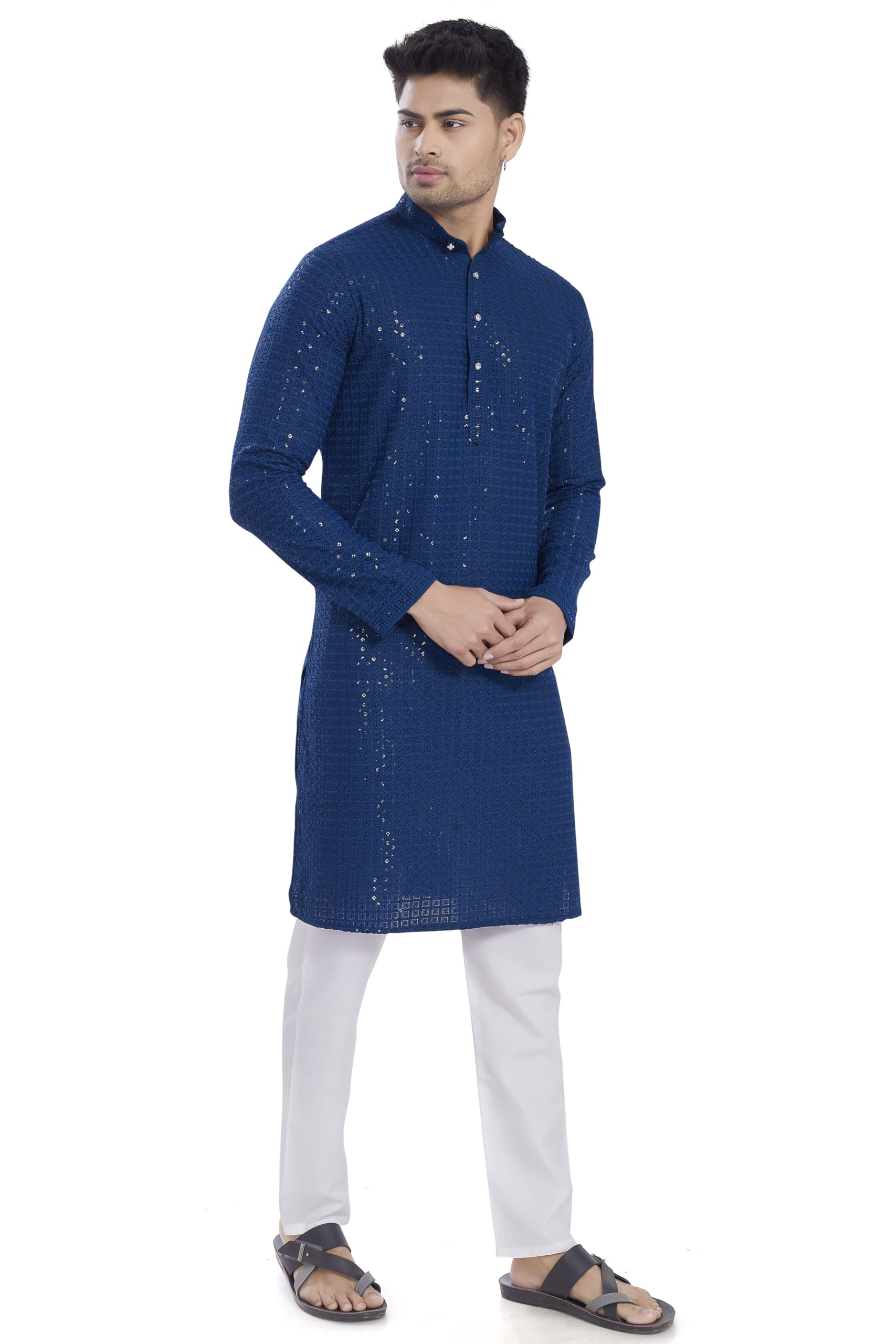 Divisive Men's Sequince Embroidered Cotton Blend Slim Fit Kurta Pyjama Set (Dkrt1206_Xxl_Aqua Blue)