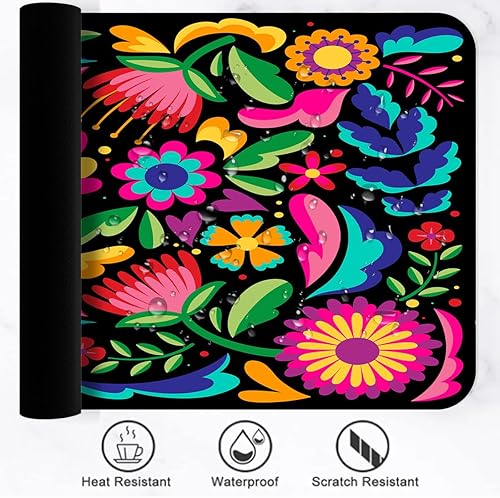 Miniatura 6 de Alfombrilla de mouse grande de flores mexicanas de 31.5 x 11.8 pulgadas, patrones de bordado étnico bohemio, tapete de mouse impreso para decoración