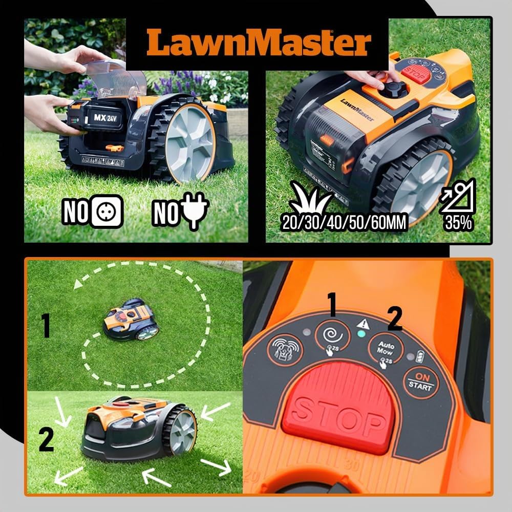 Lawnmaster Robot Tondeuse Autonome 24V sans Fil périmétrique - Le Robot Le Plus Simple du marché + Coupe Bordures 24v et 2 Batteries.
