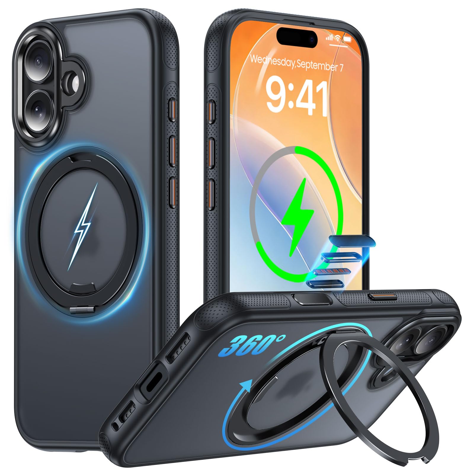 iPhone 16 用 ケース MagSafe対応 多機能360度回転スタンド…