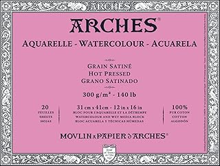 Arches 31x41cm Natural White Hot Pressed 300 GSM Watercolour Paper, Glued on 4 Sides (Block of 20 Sheets)