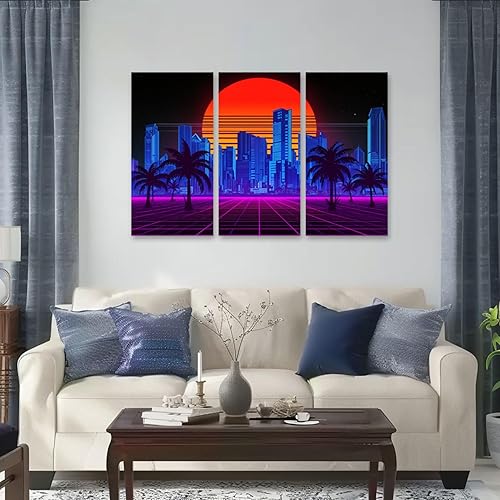 Miniatura 2 de 3 Piece Canvas Wall Art Prints Picture Retro wave synthwave vaporwave skyline scenery landscape Framed Wall Painting Modern Artwork Poster Home