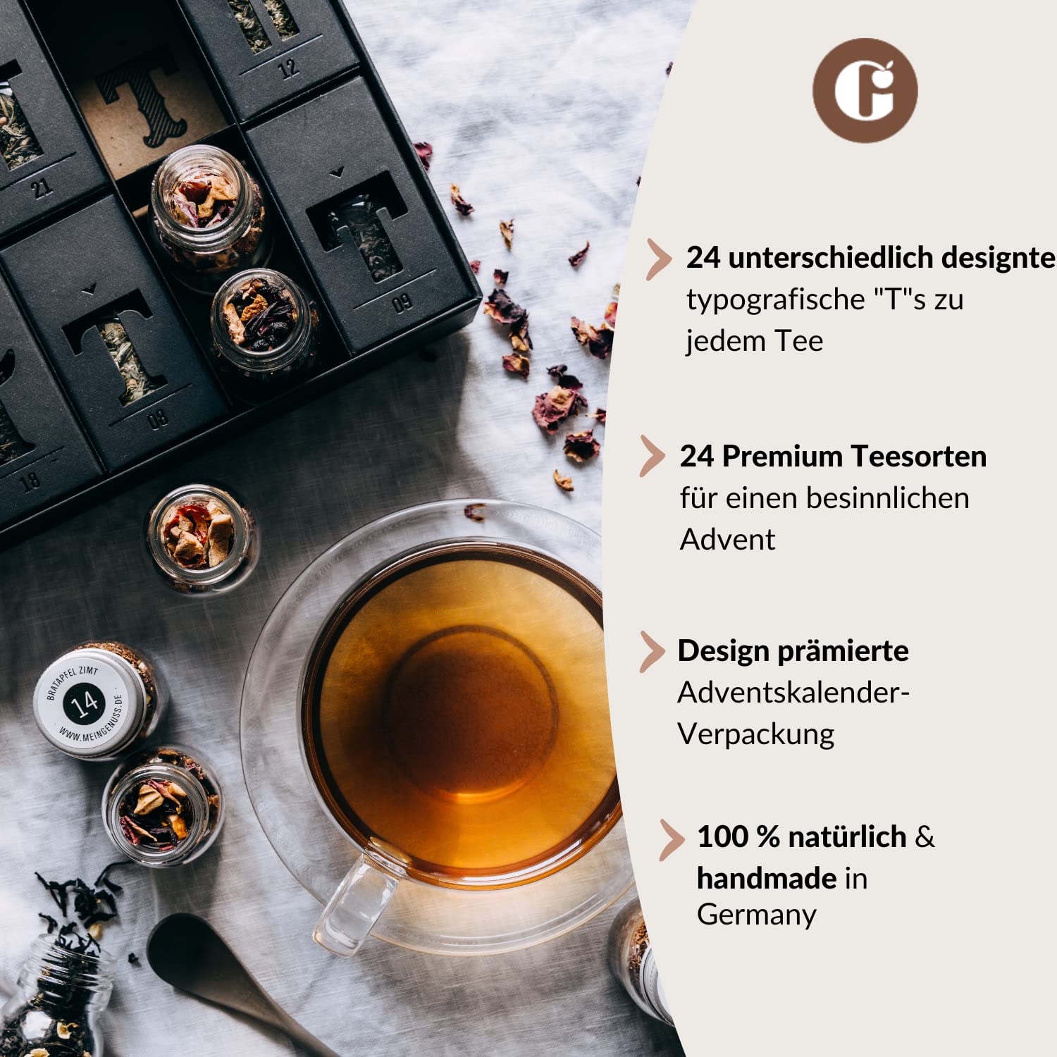 MEIN GENUSS Tee-Adventskalender 2026 I 24 edle Teesorten für 100 Tee-Tassen I Weihnachts-Teekalender I Geschenk für Genießer & Teeliebhaber