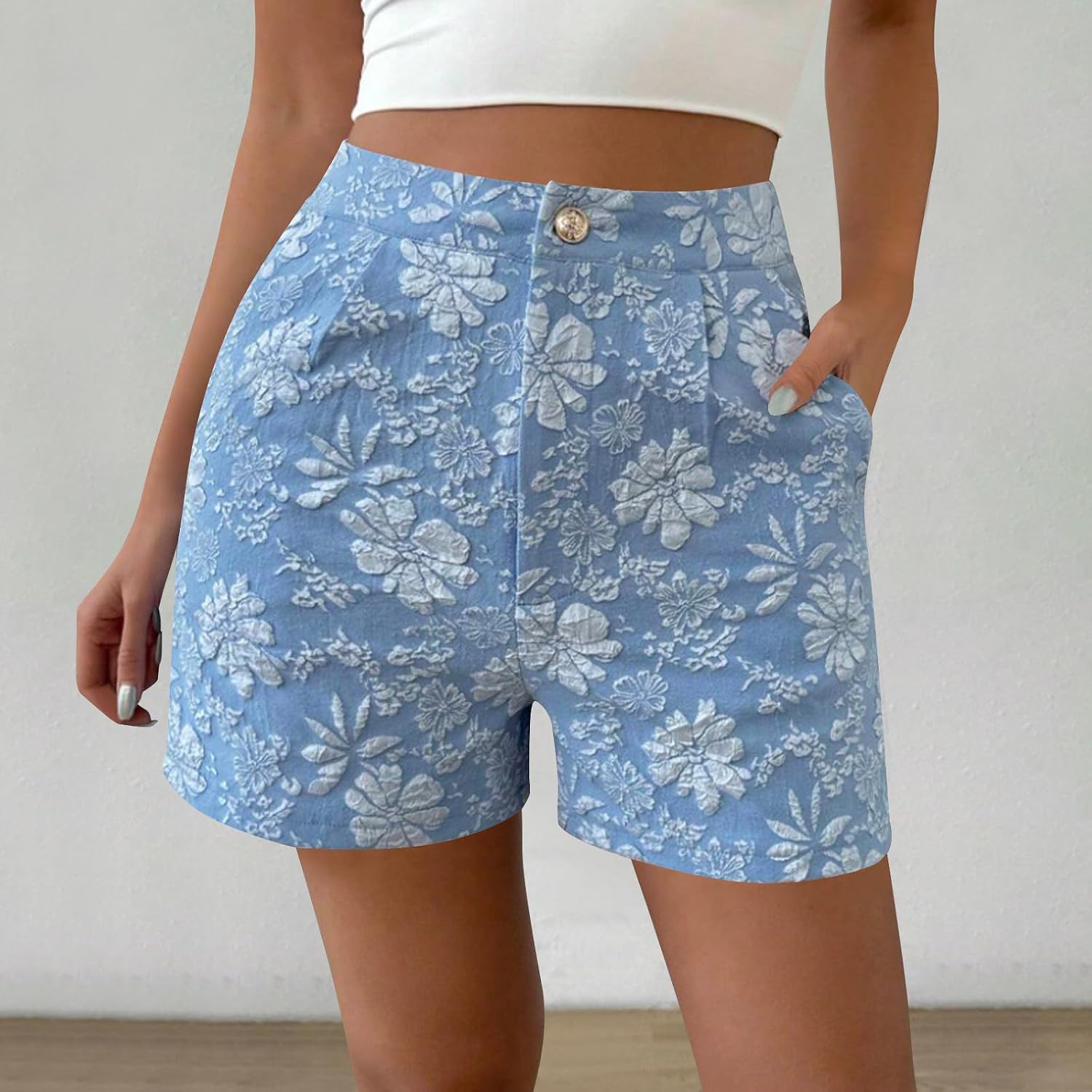 Button Shorts for Women, High Waist Floral Print Casual Short Pants | High Waist with Front Pleats Button Closure, Side Hand Pockets, Relaxed Straight Fit, for Summer Dressy casual Daily Wear