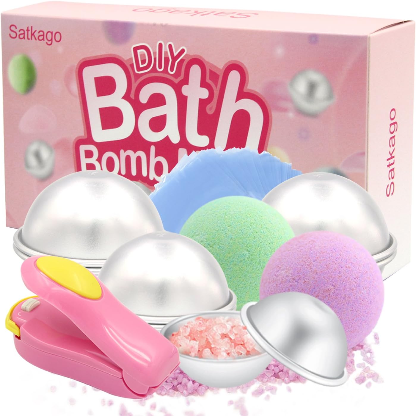 Bath Bomb Molds 3 Sizes 4 Sets, Satkago DIY Bath Bomb Kit with 100 Pcs