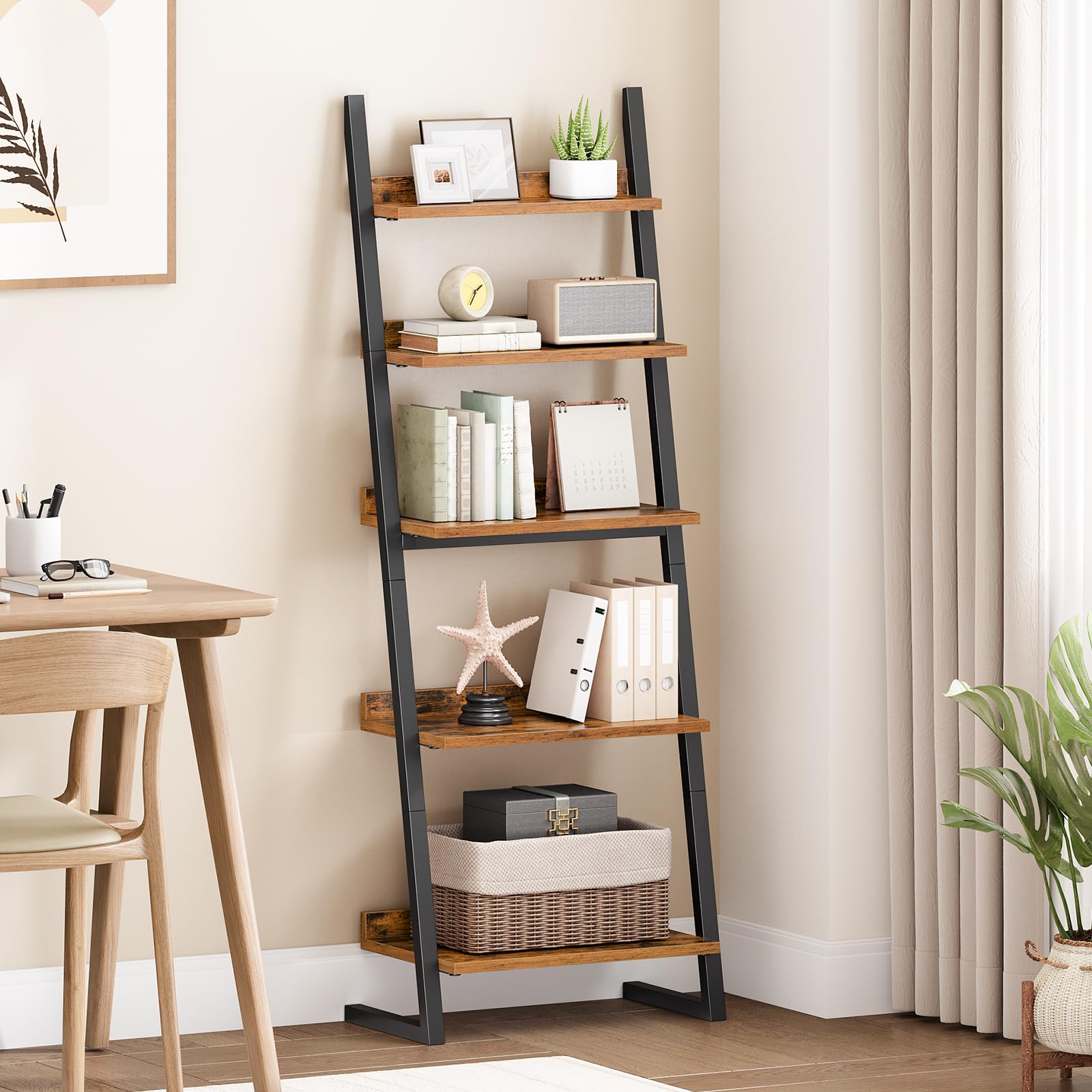 HOOBRO 5-stöckiges Schmales Regal, Bücherregal, Standregal, Leiterregal, kleines Eckregal, Lagerregal für Wohnzimmer, Arbeitszimmer, Balkon, Schlafzimmer, Vintagebraun und Schwarz EBF150CJ01